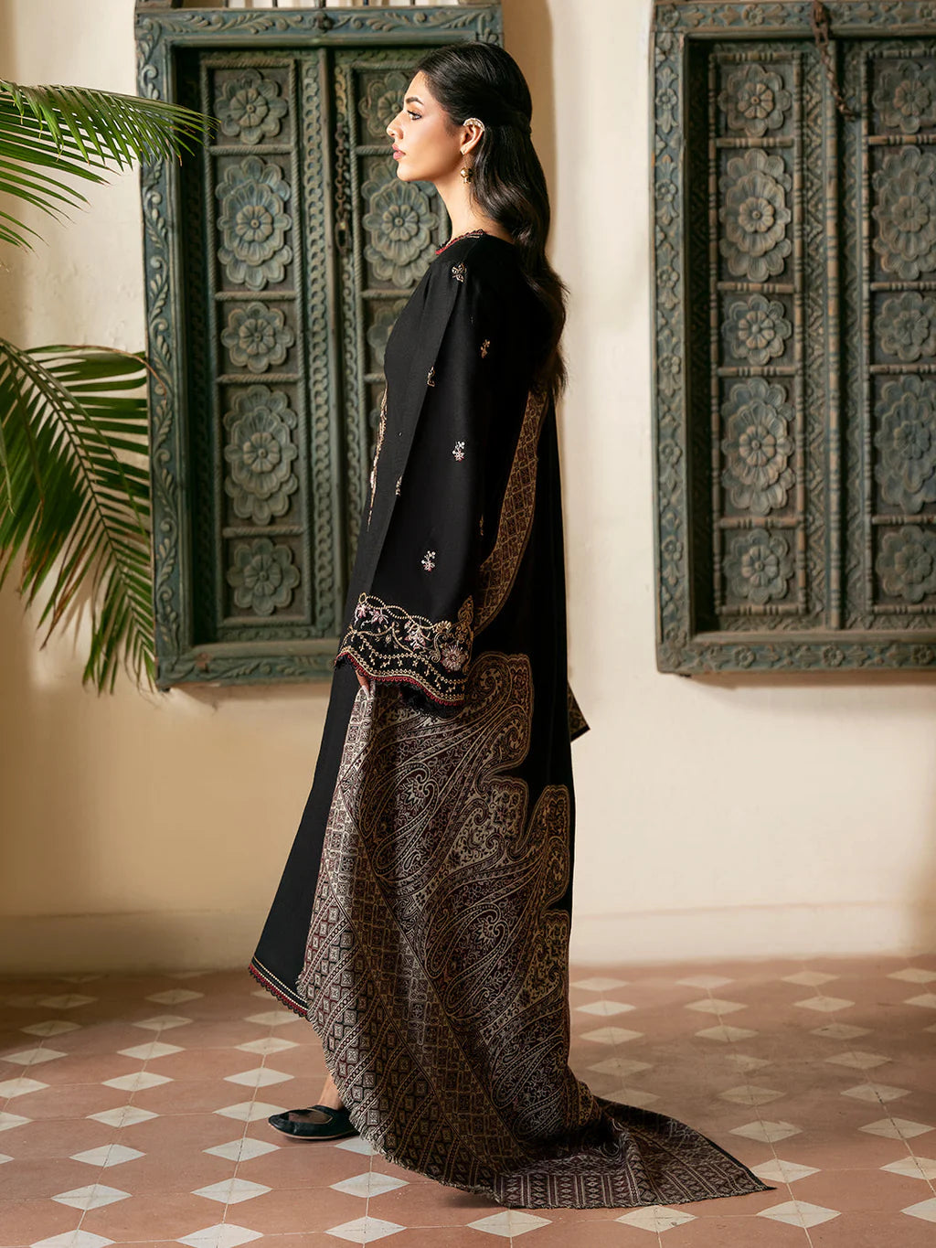 IZEL-3PC DHANAK EMBROIDERED SHIRT WITH COURTRAI PRINTED SHAWL & TROUSER-UR-4321