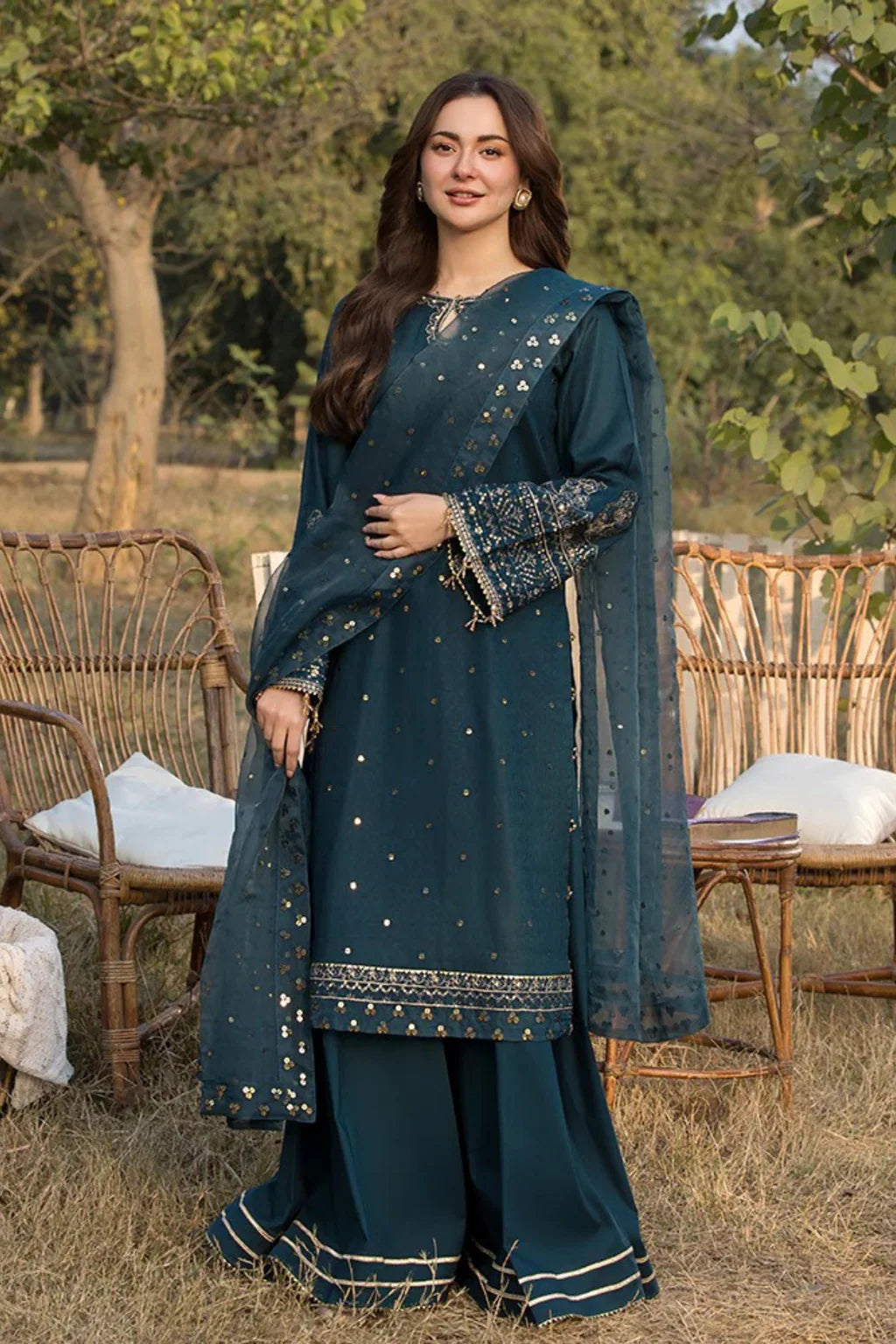JADE-3PC LAWN EMBROIDERED SHIRT WITH ORGANZA EMBROIDERED DUPATTA AND TROUSER-UR-3612