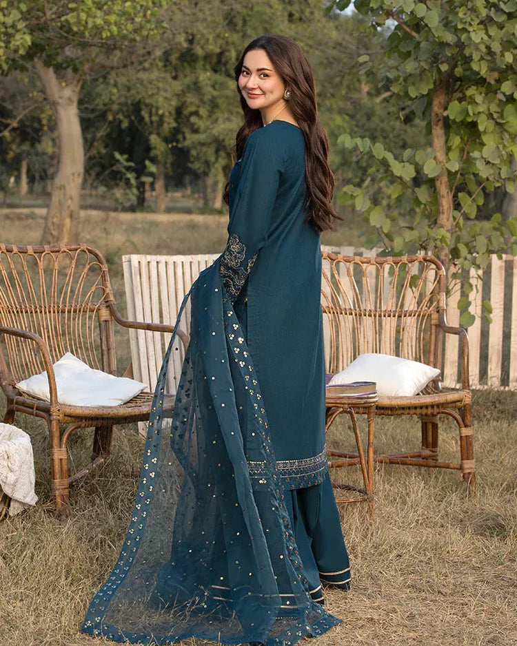 JADE-3PC LAWN EMBROIDERED SHIRT WITH ORGANZA EMBROIDERED DUPATTA AND TROUSER-UR-3612
