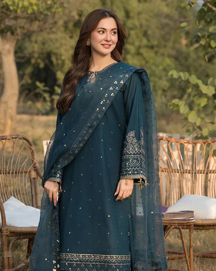 JADE-3PC LAWN EMBROIDERED SHIRT WITH ORGANZA EMBROIDERED DUPATTA AND TROUSER-UR-3612