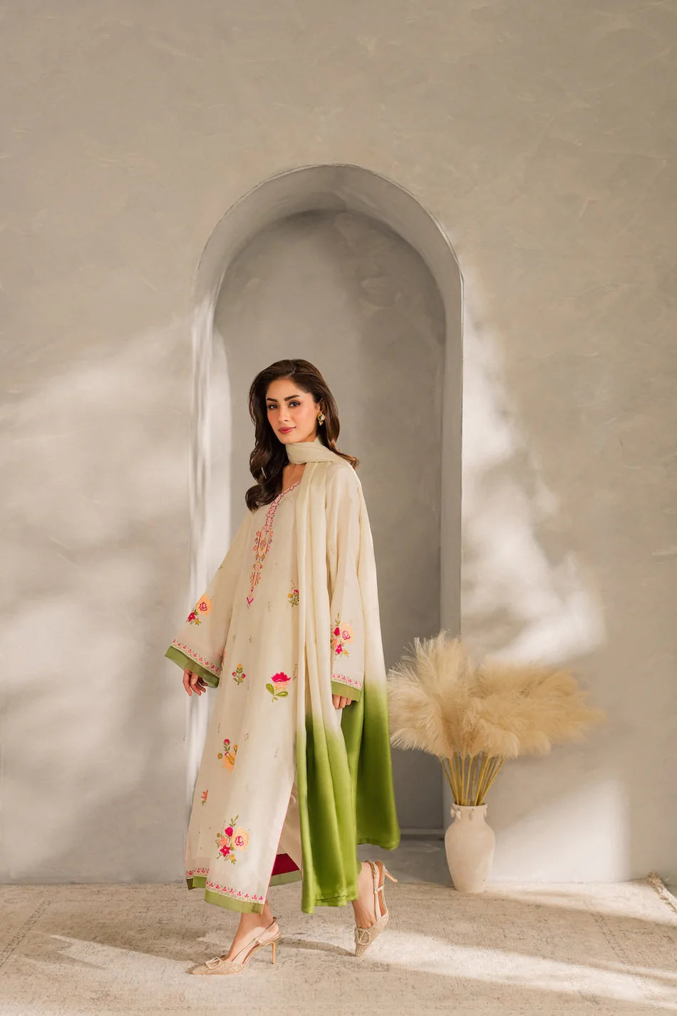 MIRANA-3PC DHANAK EMBROIDERED SHIRT WITH BAMBER CHIFFON DUPATTA AND TROUSER-UR-4083