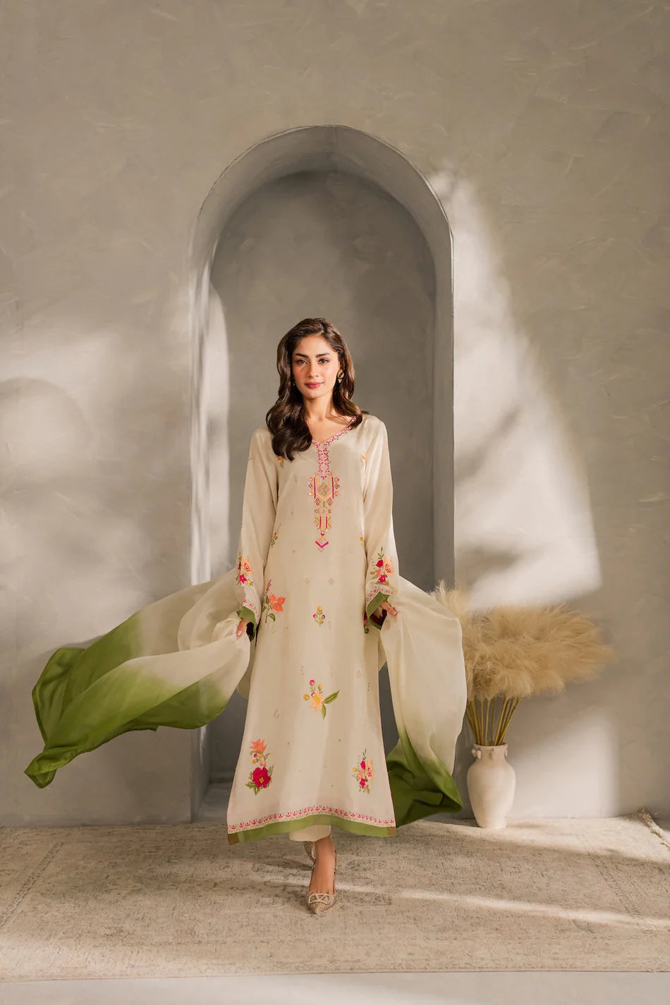 MIRANA-3PC DHANAK EMBROIDERED SHIRT WITH BAMBER CHIFFON DUPATTA AND TROUSER-UR-4083