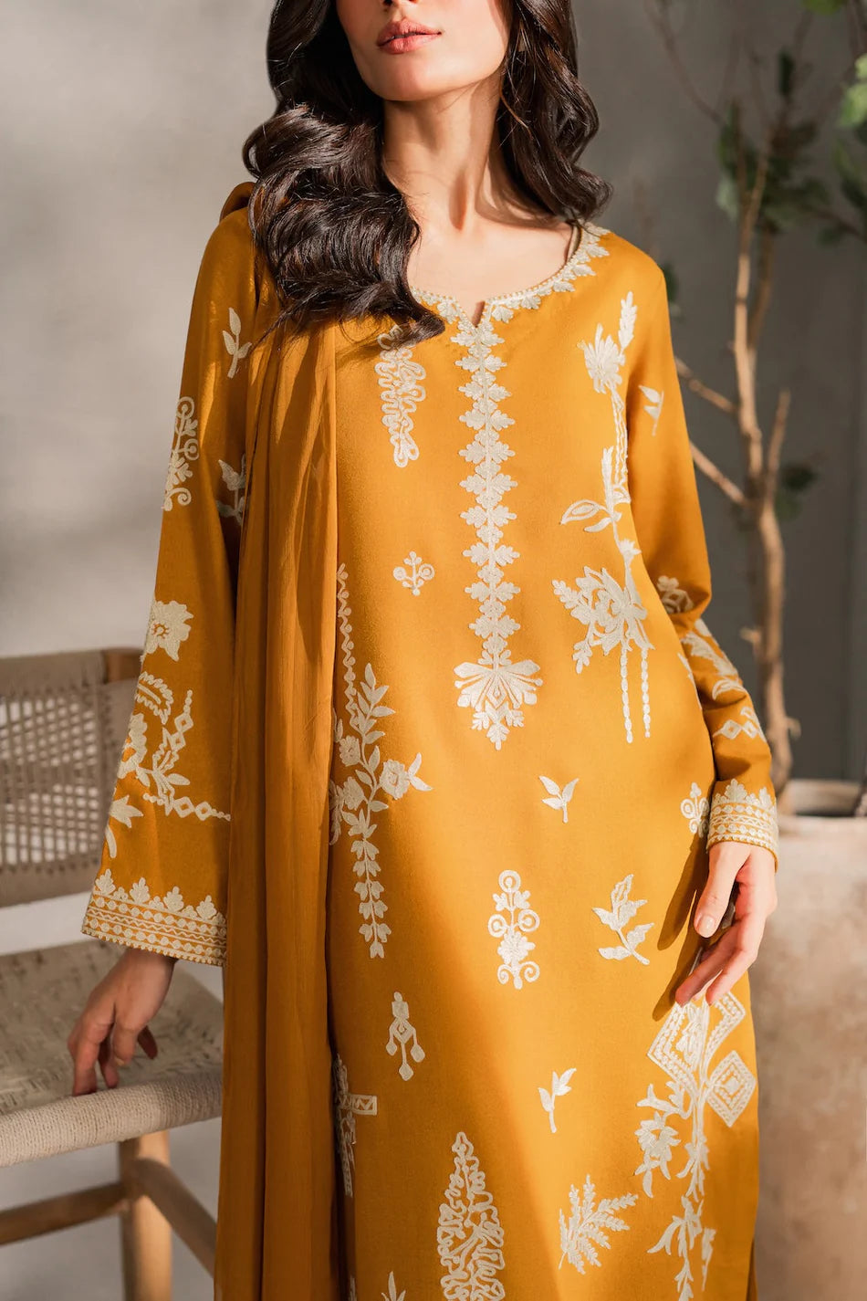 MIRANA-3PC DHANAK EMBROIDERED SHIRT WITH BAMBER CHIFFON DUPATTA AND TROUSER-UR-3924