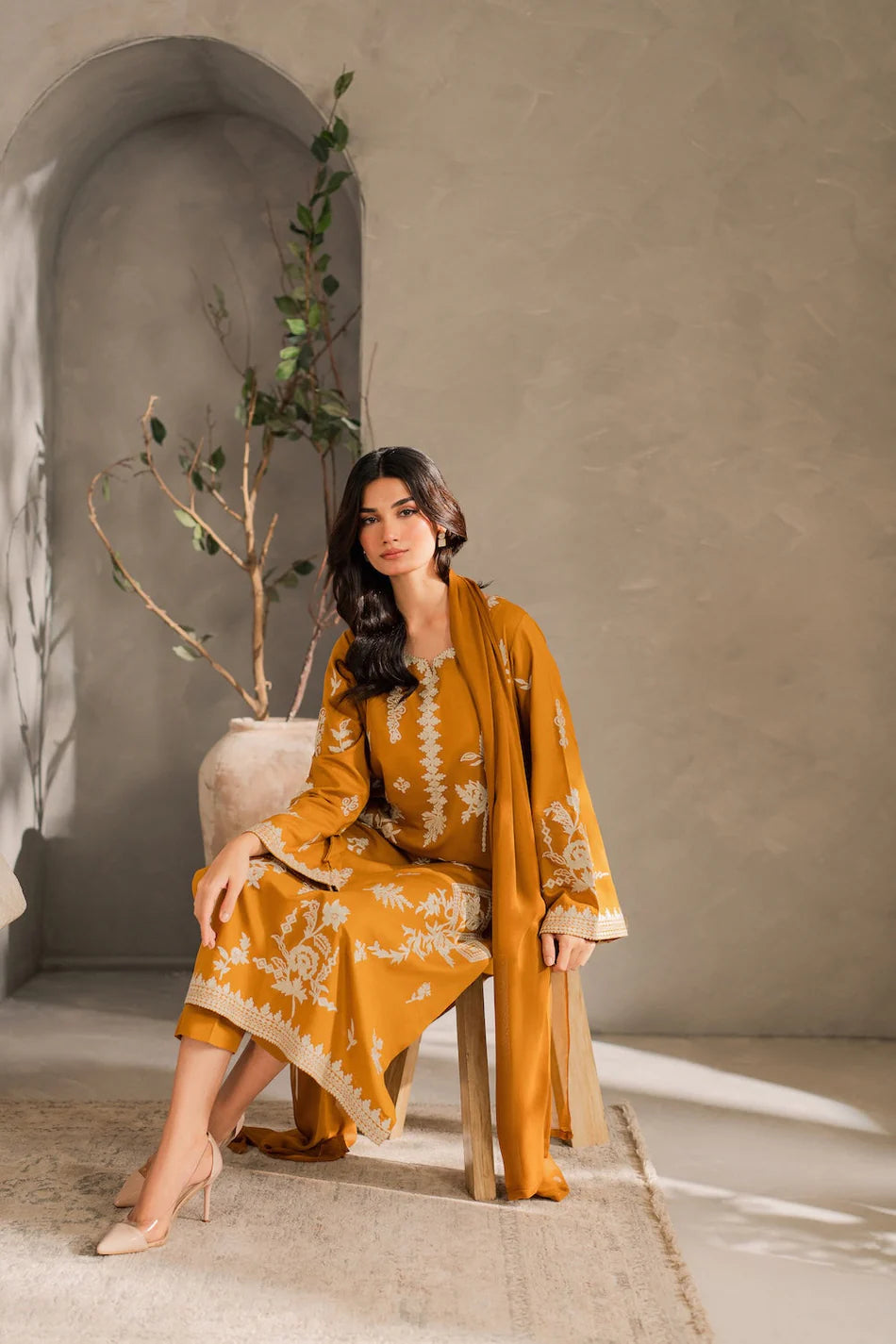 MIRANA-3PC DHANAK EMBROIDERED SHIRT WITH BAMBER CHIFFON DUPATTA AND TROUSER-UR-3924