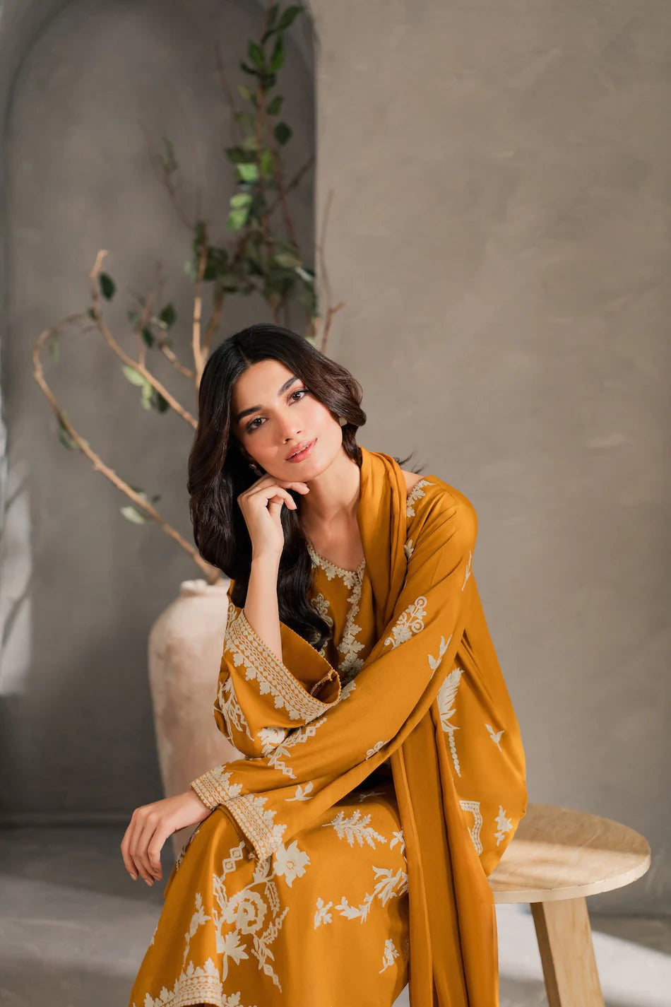 MIRANA-3PC DHANAK EMBROIDERED SHIRT WITH BAMBER CHIFFON DUPATTA AND TROUSER-UR-3924