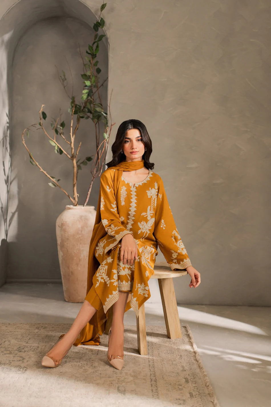 MIRANA-3PC DHANAK EMBROIDERED SHIRT WITH BAMBER CHIFFON DUPATTA AND TROUSER-UR-3924