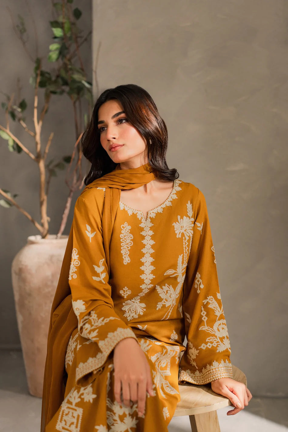 MIRANA-3PC DHANAK EMBROIDERED SHIRT WITH BAMBER CHIFFON DUPATTA AND TROUSER-UR-3924