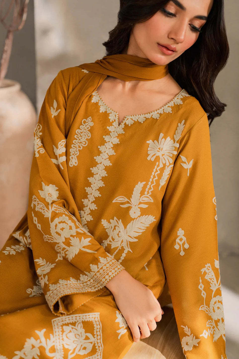 MIRANA-3PC DHANAK EMBROIDERED SHIRT WITH BAMBER CHIFFON DUPATTA AND TROUSER-UR-3924