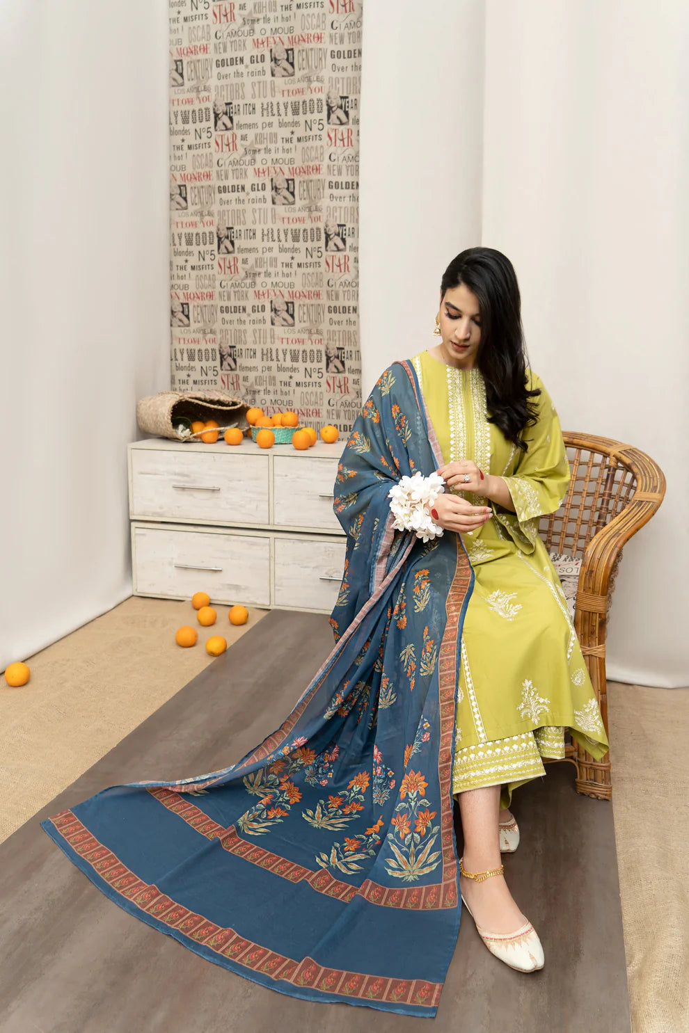 URGE- 3PC LAWN EMBROIDERED SHIRT WITH MONARK PRINTED DUPATTA AND EMB TROUSER-UR-3542