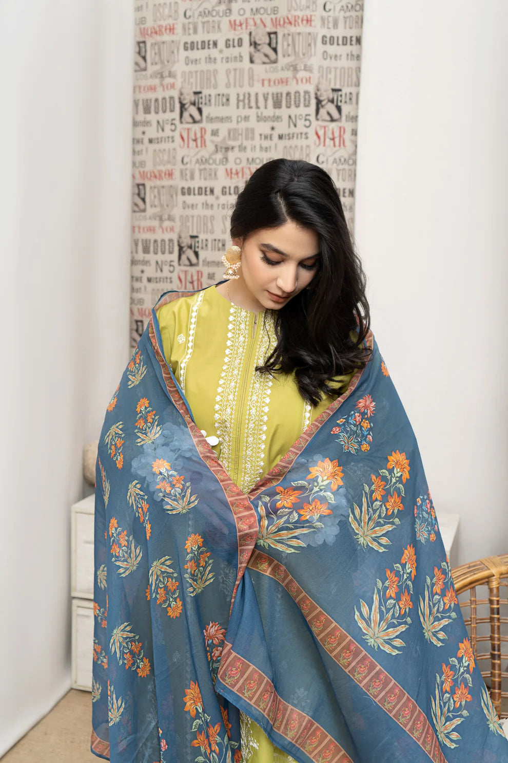 URGE- 3PC LAWN EMBROIDERED SHIRT WITH MONARK PRINTED DUPATTA AND EMB TROUSER-UR-3542