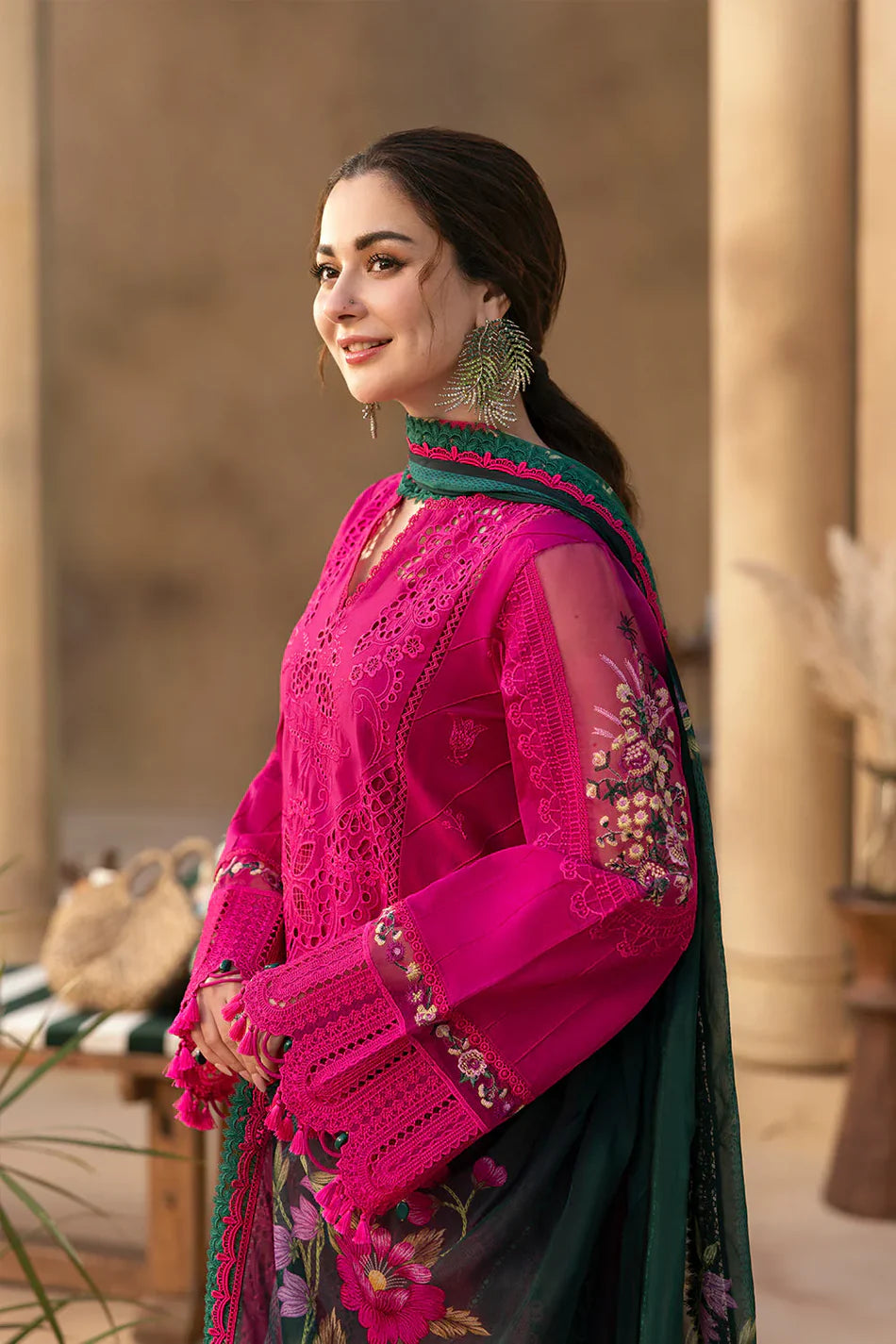 JADE-3PC LAWN CHIKANKARI EMBROIDERED SHIRT WITH CHIFFON PRINTED DUPATTA AND TROUSER-UR-3573