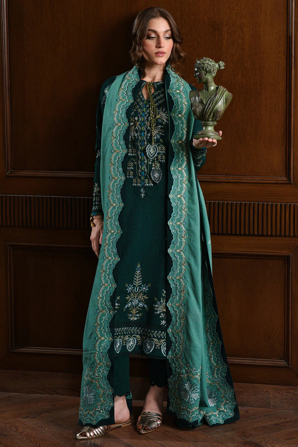 BATIK-3PC KARANDI EMBROIDERED SHIRT WITH DHANAK EMBROIDERED SHAWL AND TROUSER-UR-4086