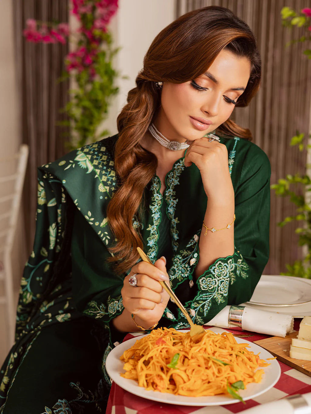 MAHNUR-3PC DHANAK EMBROIDERED SHIRT WITH COURTRAI PRINTED SHAWL & TROUSER-UR-4154