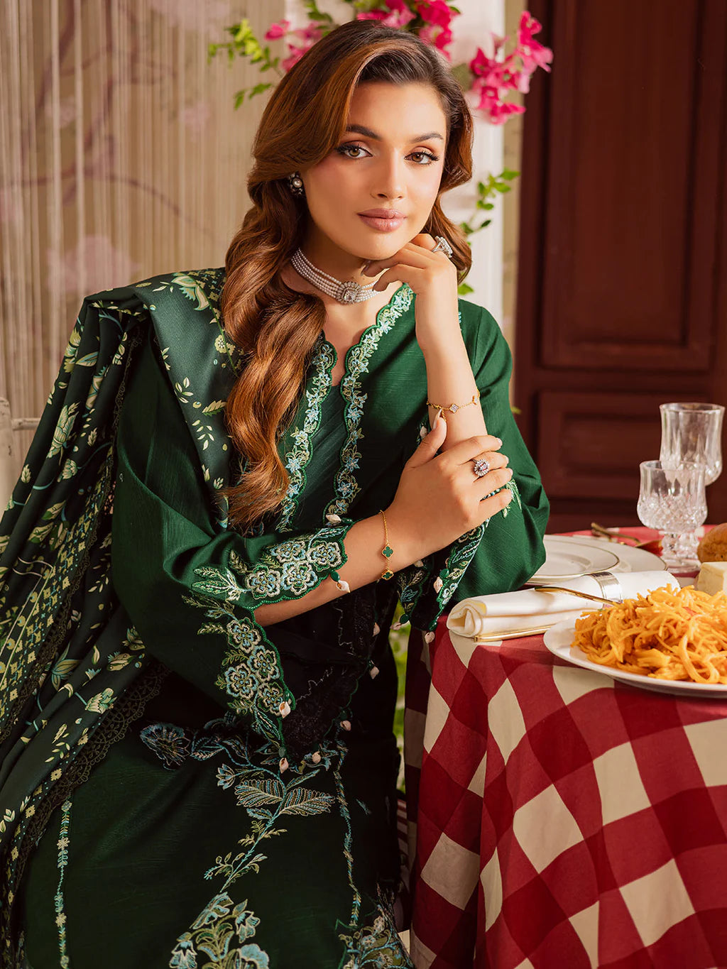 MAHNUR-3PC DHANAK EMBROIDERED SHIRT WITH COURTRAI PRINTED SHAWL & TROUSER-UR-4154