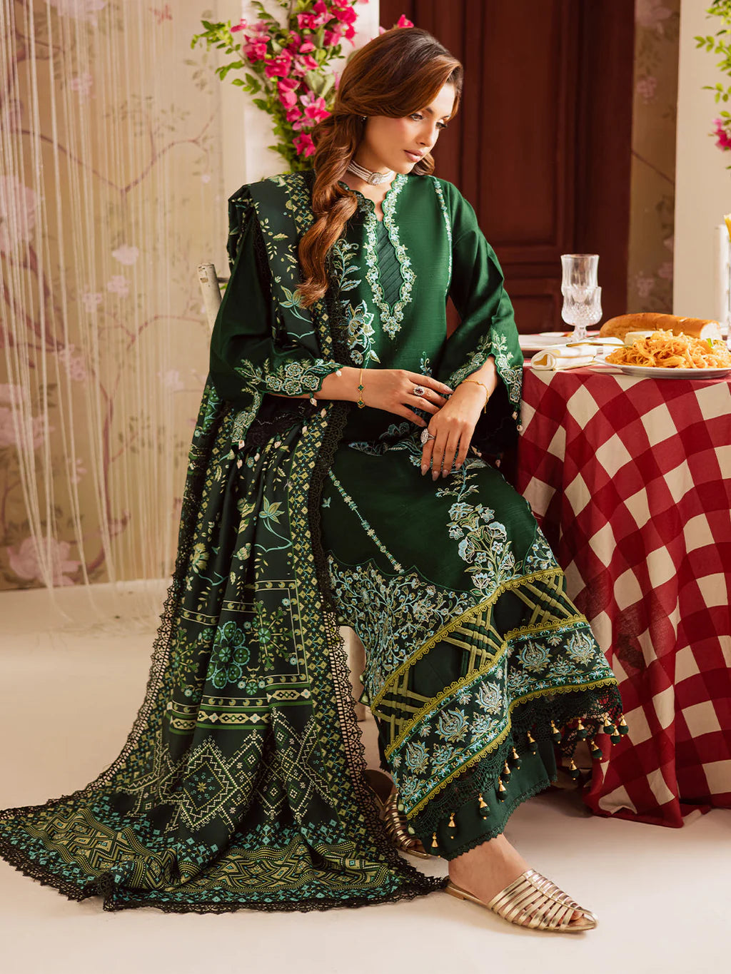 MAHNUR-3PC DHANAK EMBROIDERED SHIRT WITH COURTRAI PRINTED SHAWL & TROUSER-UR-4154