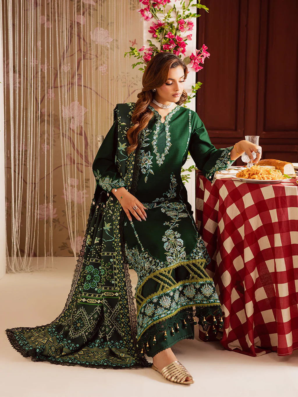 MAHNUR-3PC DHANAK EMBROIDERED SHIRT WITH COURTRAI PRINTED SHAWL & TROUSER-UR-4154