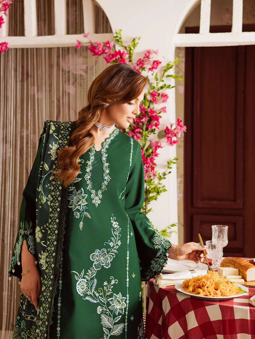 MAHNUR-3PC DHANAK EMBROIDERED SHIRT WITH COURTRAI PRINTED SHAWL & TROUSER-UR-4154