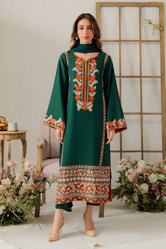 VINTAGE-3PC DHANAK EMBROIDERED SHIRT WITH BAMBER CHIFFON DUPATTA & TROUSER-UR-3867