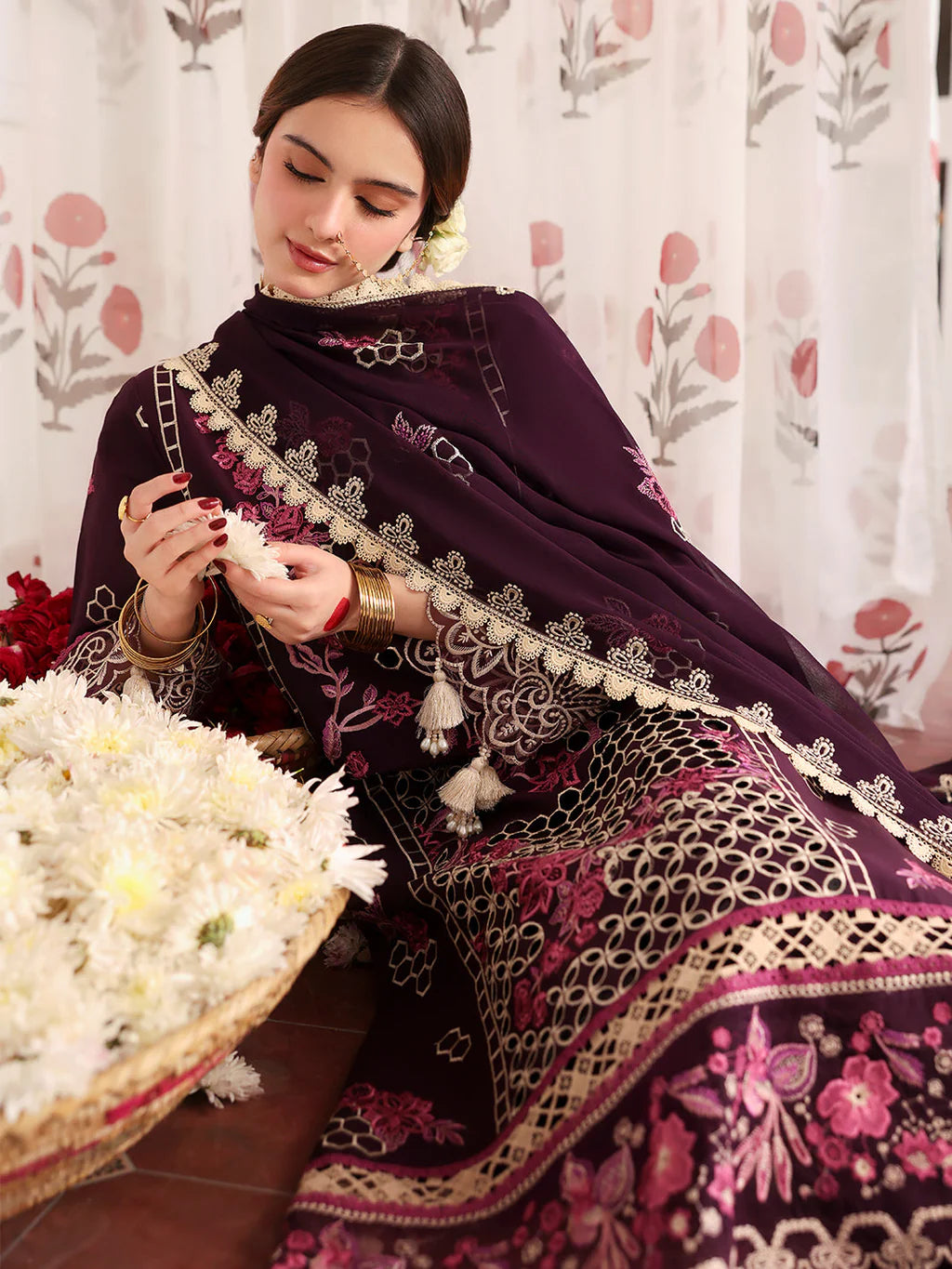 MAHNUR-3PC LAWN LASERWORK EMBROIDERED SHIRT WITH KHAADI NET EMBROIDERED DUPATTA AND TROUSER-UR-3507