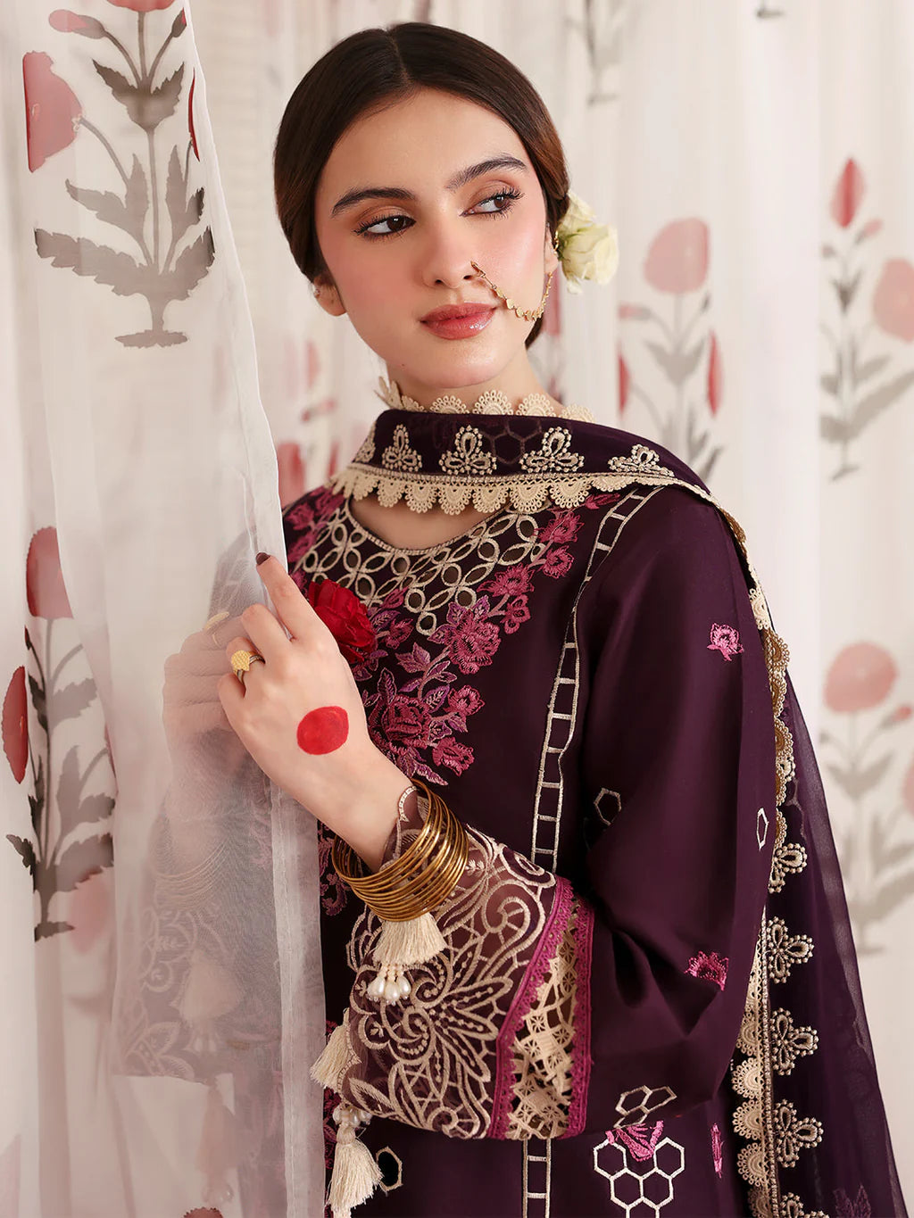 MAHNUR-3PC LAWN LASERWORK EMBROIDERED SHIRT WITH KHAADI NET EMBROIDERED DUPATTA AND TROUSER-UR-3507