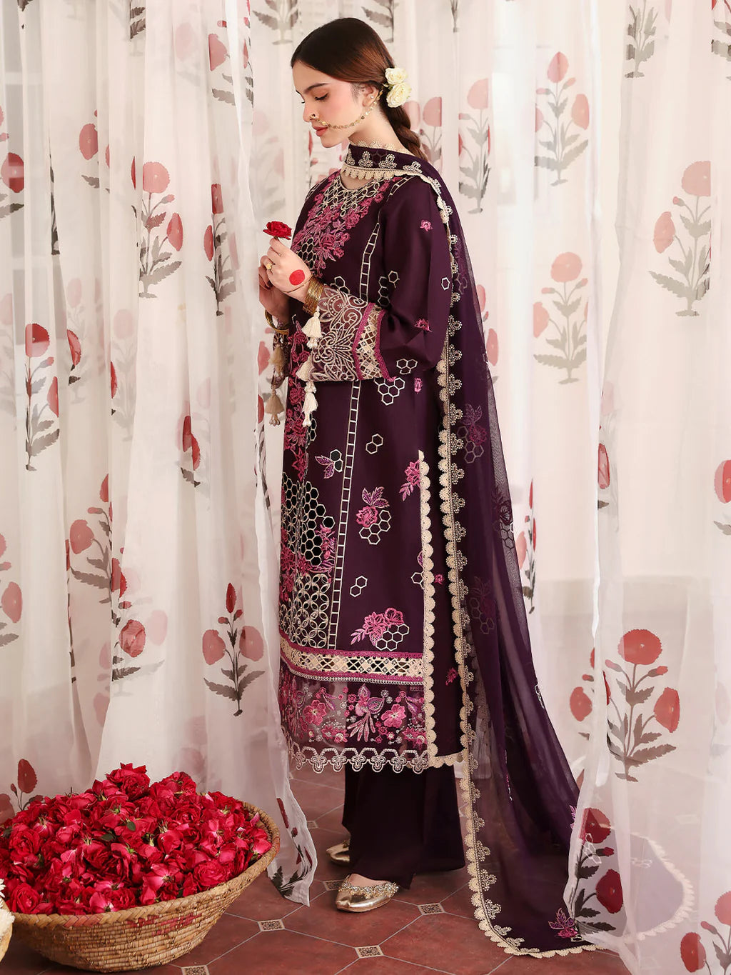MAHNUR-3PC LAWN LASERWORK EMBROIDERED SHIRT WITH KHAADI NET EMBROIDERED DUPATTA AND TROUSER-UR-3507
