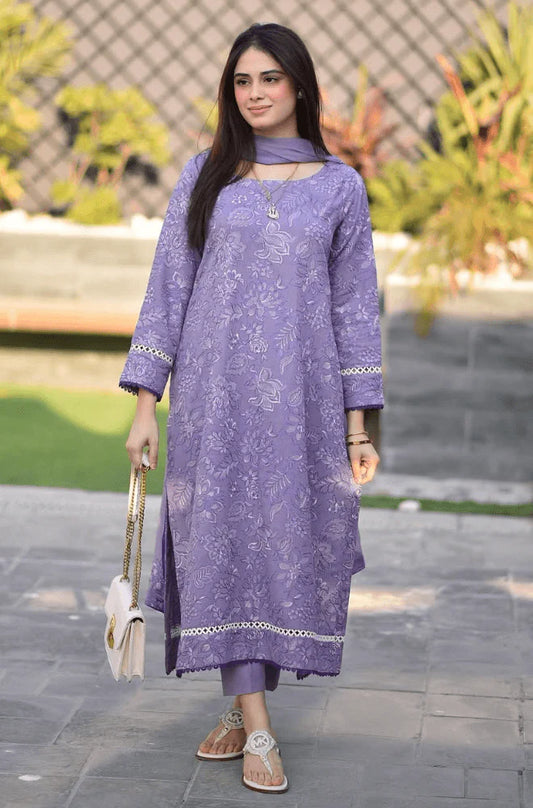 BAREEZE-3PC DHANAK EMBROIDERED SHIRT WITH CHIFFON EMBROIDERED DUPATTA AND TROUSER-UR-3852
