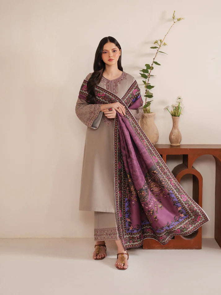 GARNET-3PC LAWN EMBROIDERED SHIRT WITH MONARK PRINT DUPATTA AND TROUSER-UR-2585