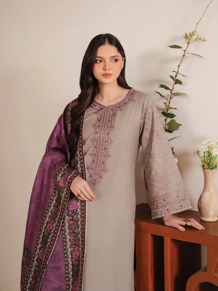 GARNET-3PC LAWN EMBROIDERED SHIRT WITH MONARK PRINT DUPATTA AND TROUSER-UR-2585