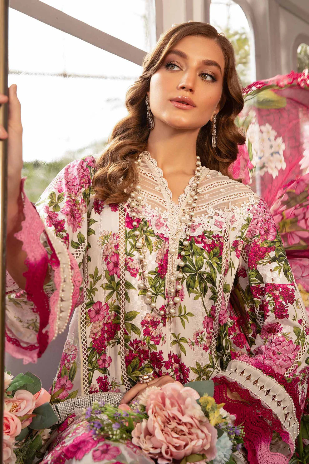 MARIA.B-3PC LAWN PRINTED EMB SHIRT WITH CHIFFON PRINT DUPATTA AND PRINT TROUSER-UR-3253