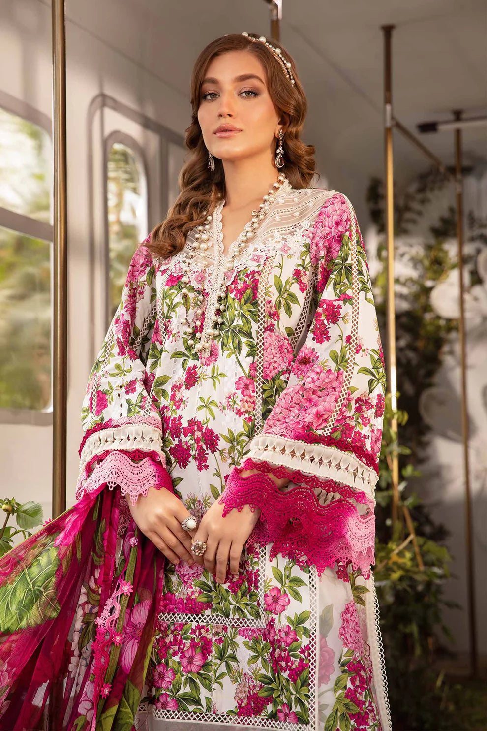 MARIA.B-3PC LAWN PRINTED EMB SHIRT WITH CHIFFON PRINT DUPATTA AND PRINT TROUSER-UR-3253