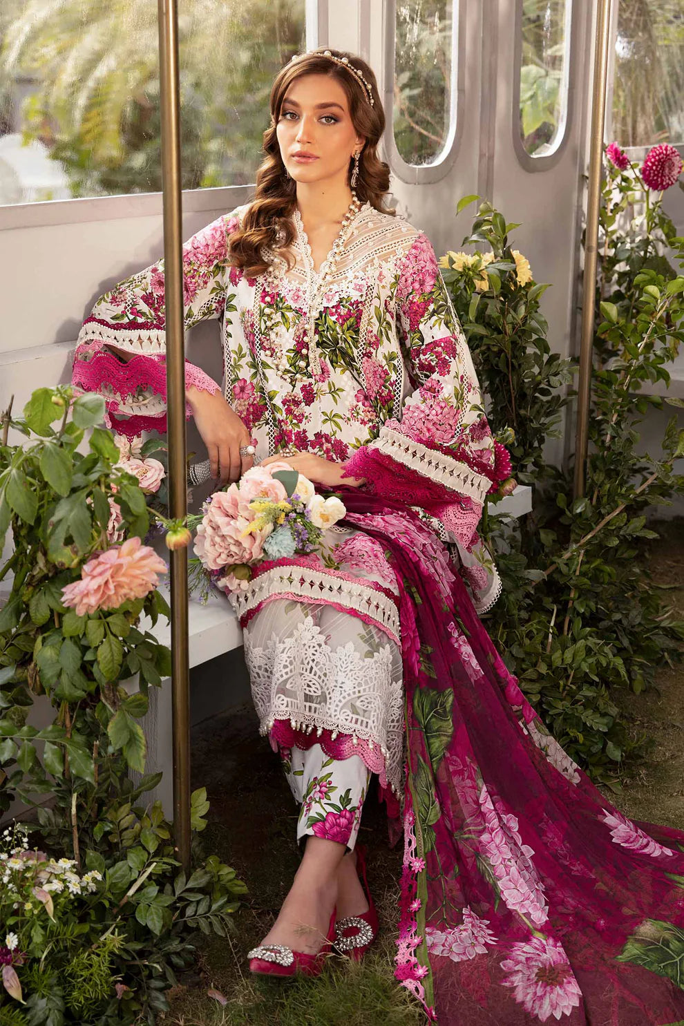 MARIA.B-3PC LAWN PRINTED EMB SHIRT WITH CHIFFON PRINT DUPATTA AND PRINT TROUSER-UR-3253