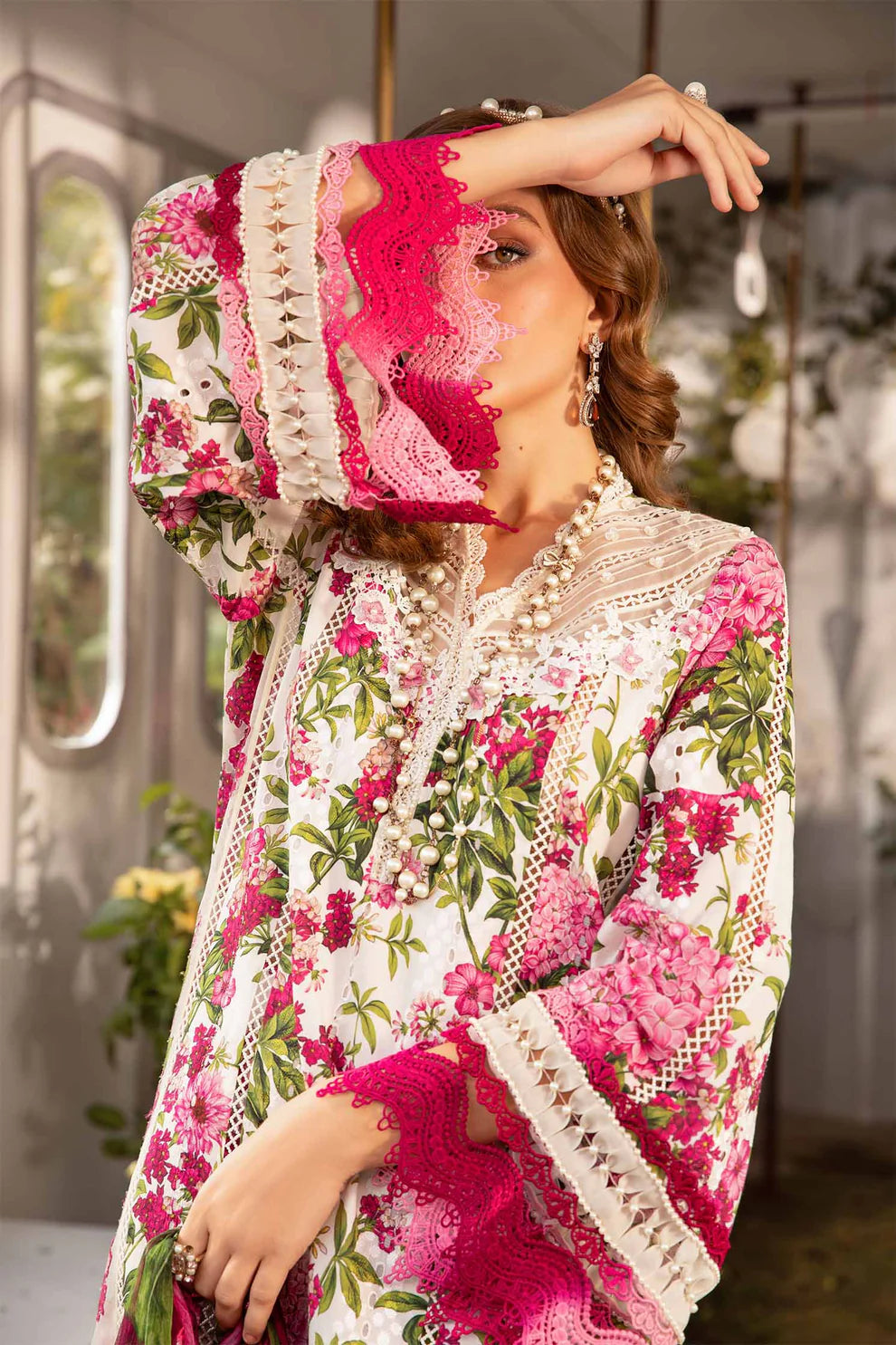 MARIA.B-3PC LAWN PRINTED EMB SHIRT WITH CHIFFON PRINT DUPATTA AND PRINT TROUSER-UR-3253