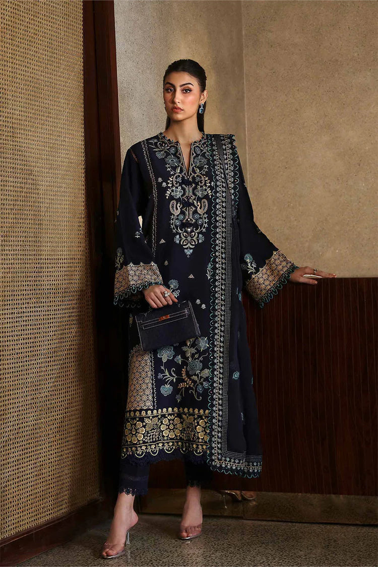 ZAHA-3PC DHANAK EMBROIDERED SHIRT WITH DHANAK EMBROIDRED SHAWL & TROUSER-UR-3854