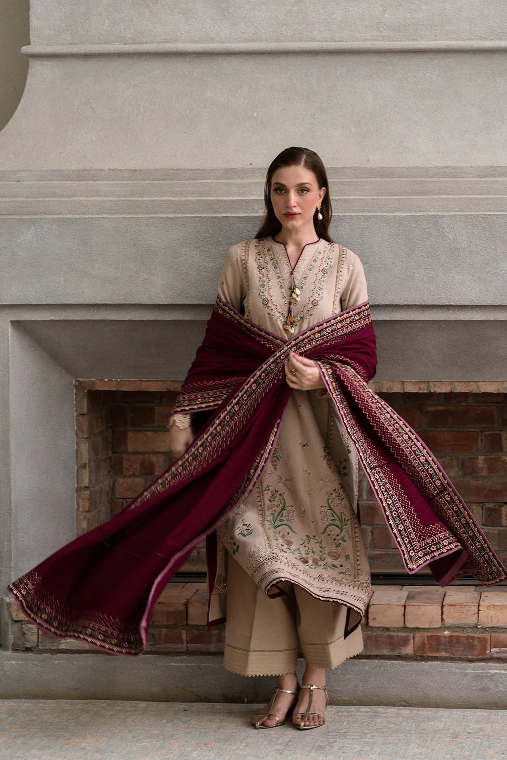 ZAIB-3PC DHANAK EMBROIDERED SHIRT WITH DHANAK EMBROIDERED SHAWL AND TROUSER-UR-4099