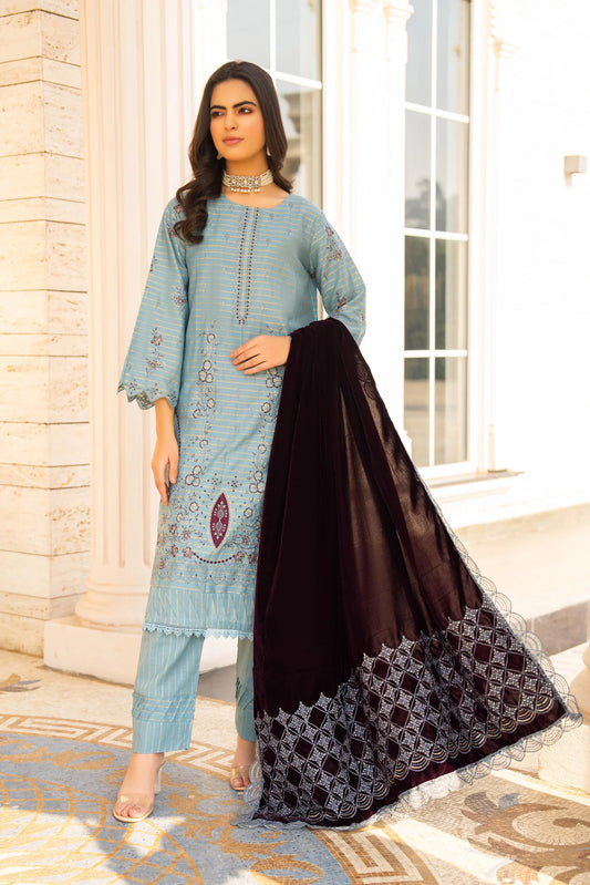 TANA BANA-3PC KHADDAR EMBROIDERED SHIRT WITH VELVET EMBROIDERED READY TO WEAR SHAWL-TBF-1001