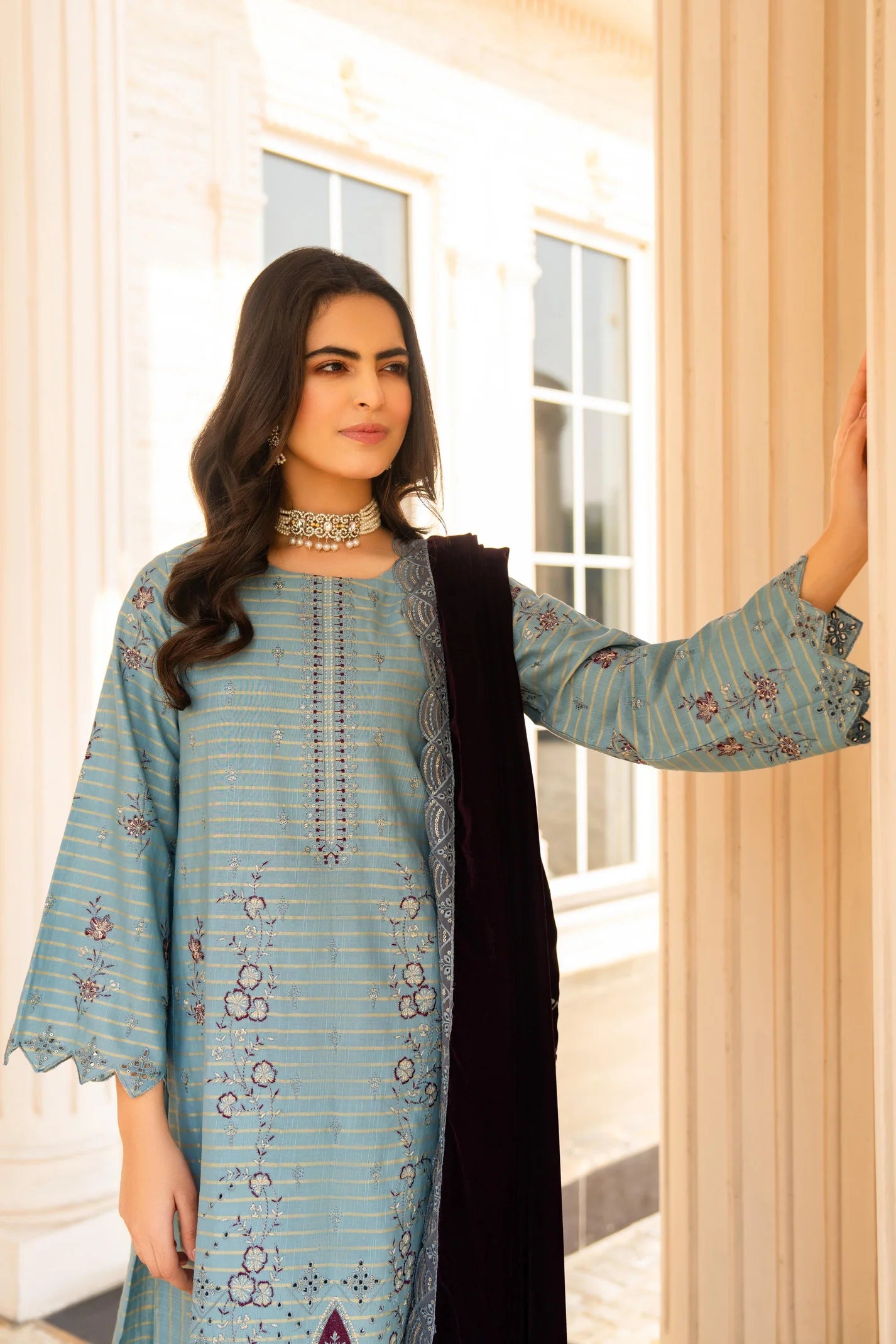 TANA BANA-3PC KHADDAR EMBROIDERED SHIRT WITH VELVET EMBROIDERED READY TO WEAR SHAWL-TBF-1001