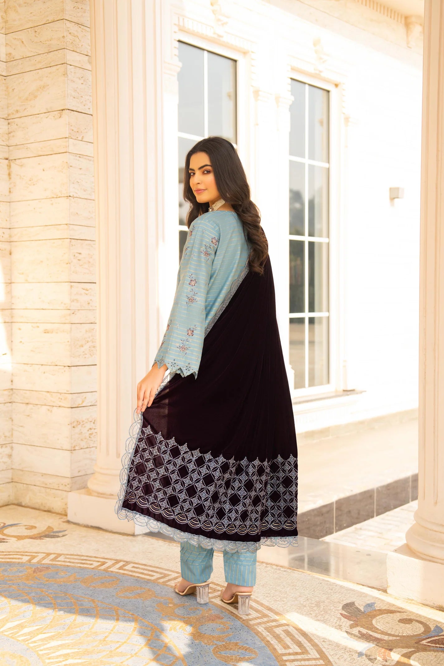 TANA BANA-3PC KHADDAR EMBROIDERED SHIRT WITH VELVET EMBROIDERED READY TO WEAR SHAWL-TBF-1001