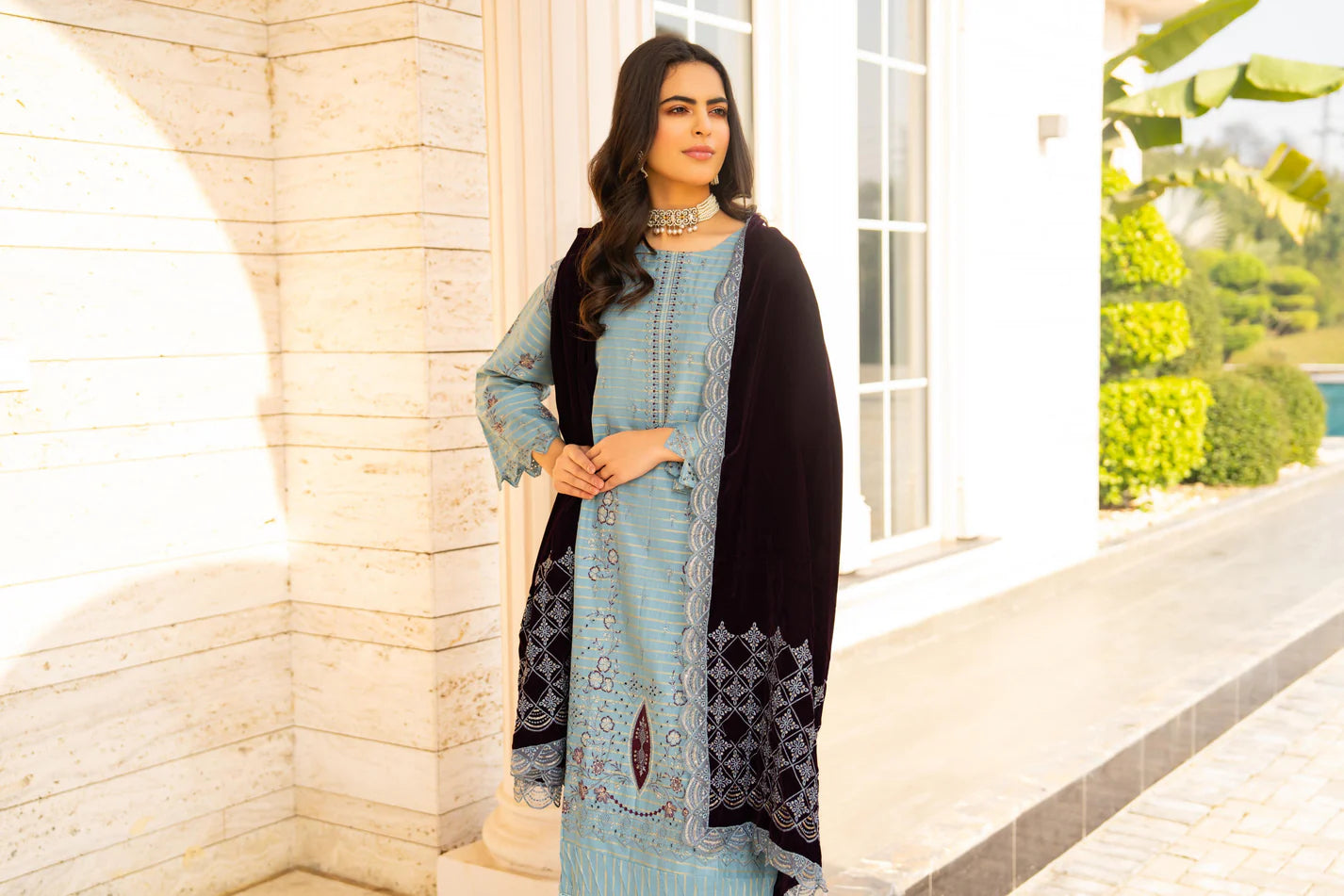 TANA BANA-3PC KHADDAR EMBROIDERED SHIRT WITH VELVET EMBROIDERED READY TO WEAR SHAWL-TBF-1001