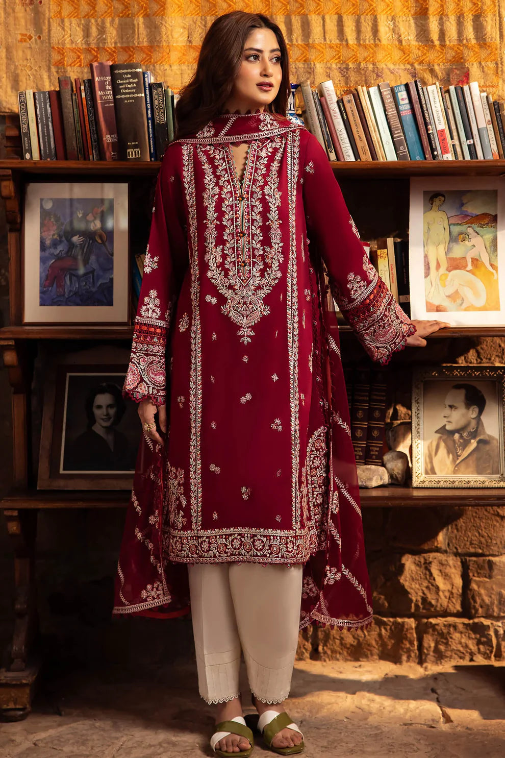 ZAHA- 3PC DHANAK EMBROIDERED SHIRT WITH BAMBER CHIFFON EMBROIDRED DUPATTA-UR-3877