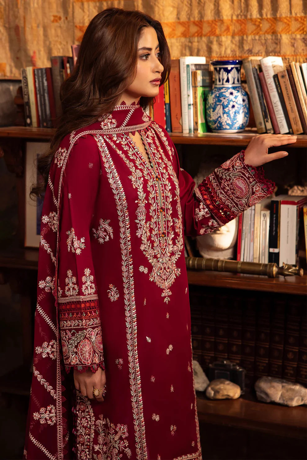 ZAHA- 3PC DHANAK EMBROIDERED SHIRT WITH BAMBER CHIFFON EMBROIDRED DUPATTA-UR-3877