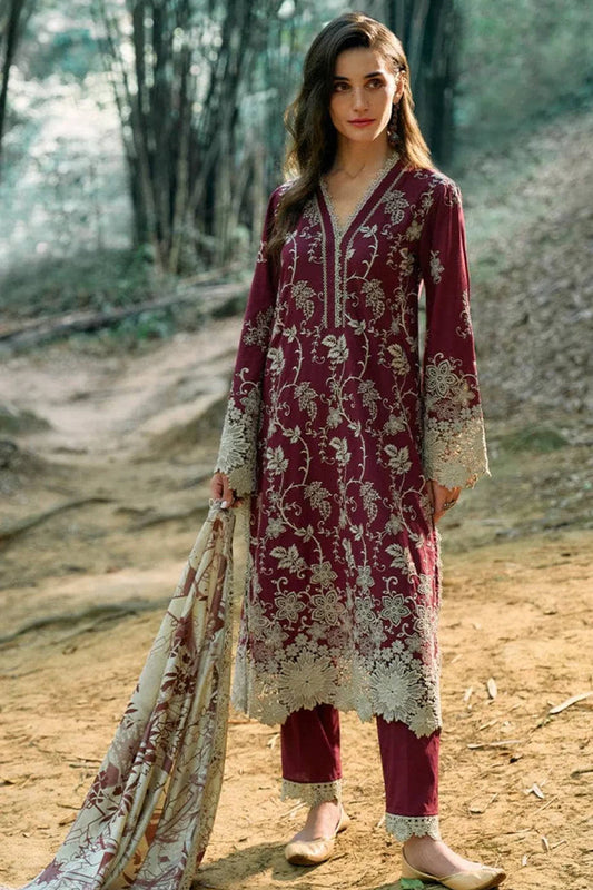 IMAGE-3PC LAWN EMBROIDERED SHIRT WITH MONARK PRINTED DUPATTA & TROUSER-UR-2596