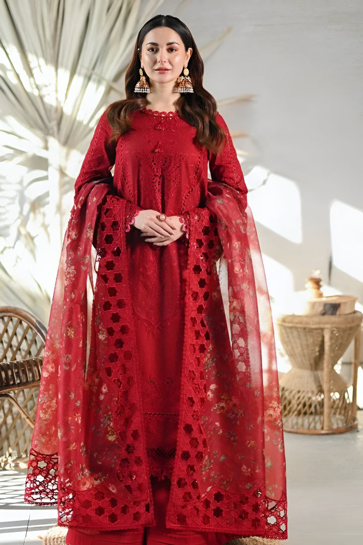 QALAMQAR-3PC LAWN CHIKAANKARI EMBROIDERED SHIRT WITH CHIFFON PRINTED EMB DUPATTA AND TROUSER-UR-3613