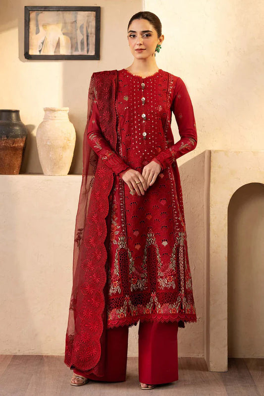 QALAMQAR-3PC LAWN EMBROIDERED SHIRT WITH KHADDI NET EMBROIDERED DUPATTA AND TROUSER-UR-3543