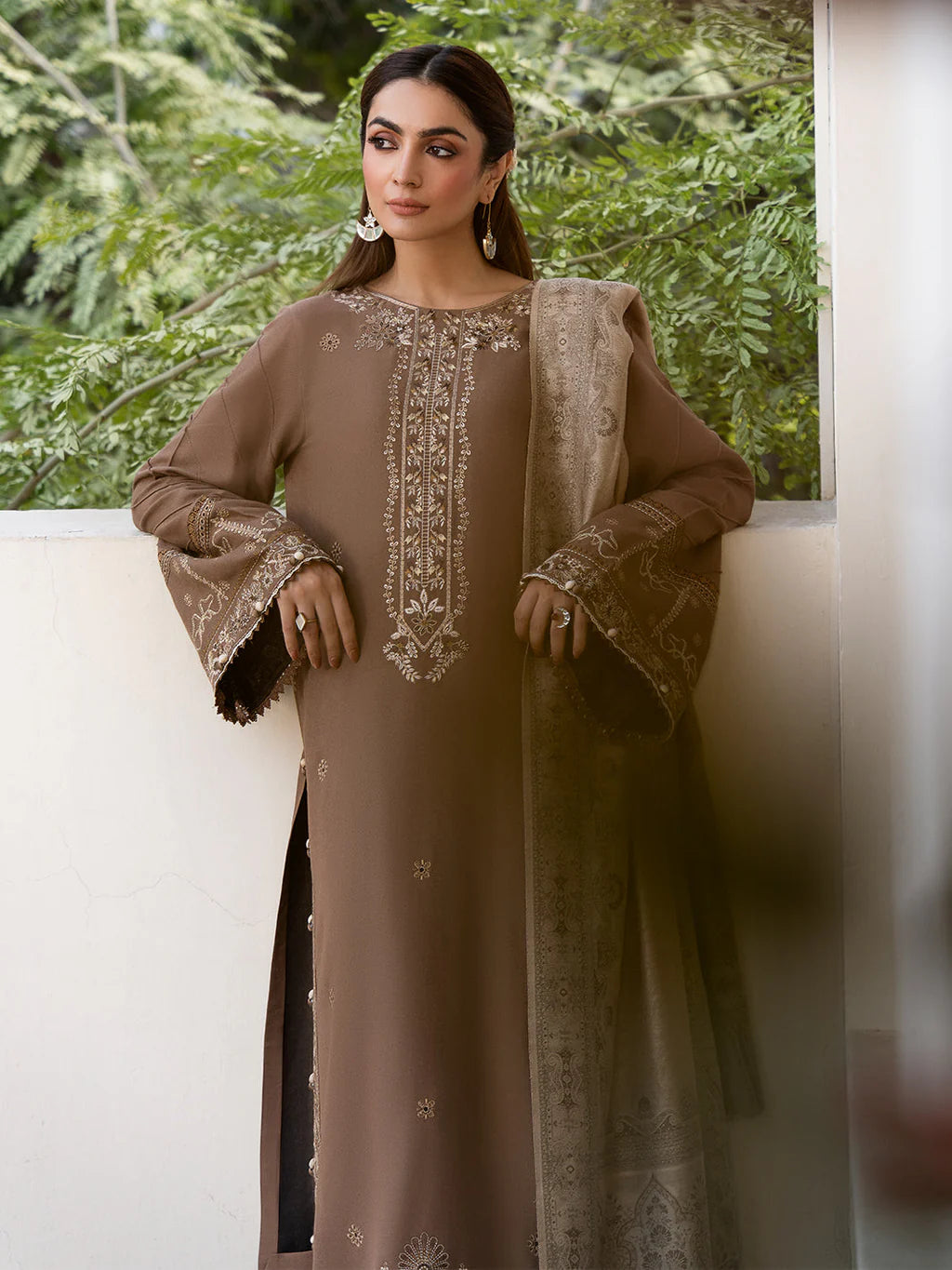 IZEL-3PC DHANAK EMBROIDERED SHIRT WITH COURTRAI PRINTED SHAWL & TROUSER-UR-4562