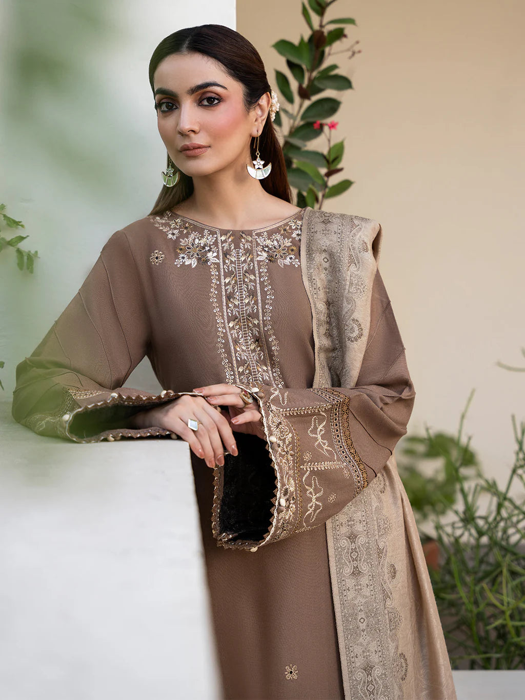 IZEL-3PC DHANAK EMBROIDERED SHIRT WITH COURTRAI PRINTED SHAWL & TROUSER-UR-4562