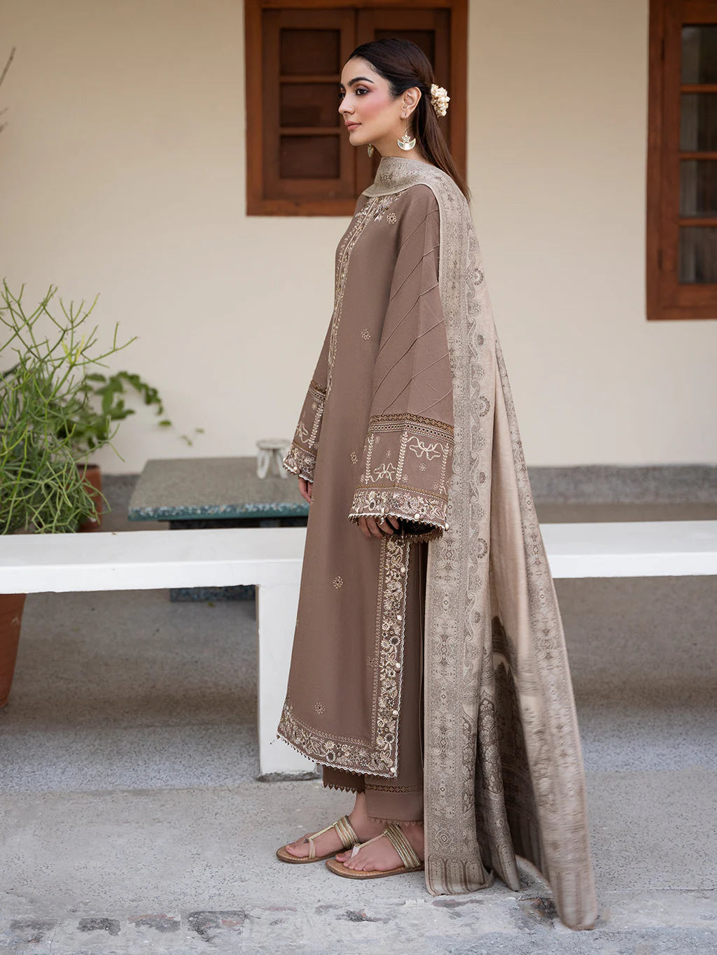 IZEL-3PC DHANAK EMBROIDERED SHIRT WITH COURTRAI PRINTED SHAWL & TROUSER-UR-4562