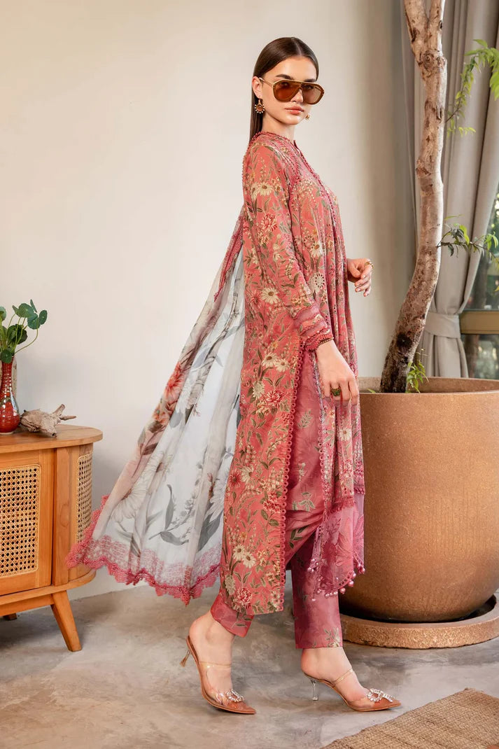 MARIA.B-3PC LAWN PRINTED EMB SHIRT WITH CHIFFON PRINT DUPATTA AND PRINT TROUSER-UR-014
