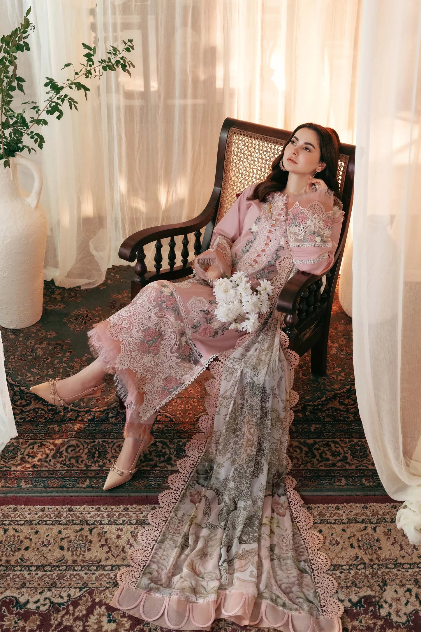 JADE-3PC LAWN EMBROIDERED SHIRT WITH CHIFFON PRINTED DUPATTA AND TROUSER-UR-3533