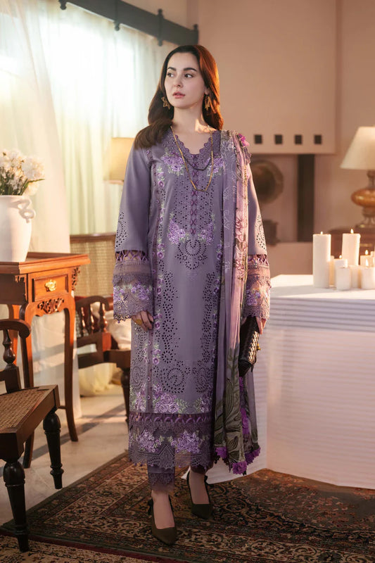 QALAMQAR- 3PC LAWN EMBROIDERED SHIRT WITH MONARK PRINT DUPATTA AND TROUSER-UR-2945