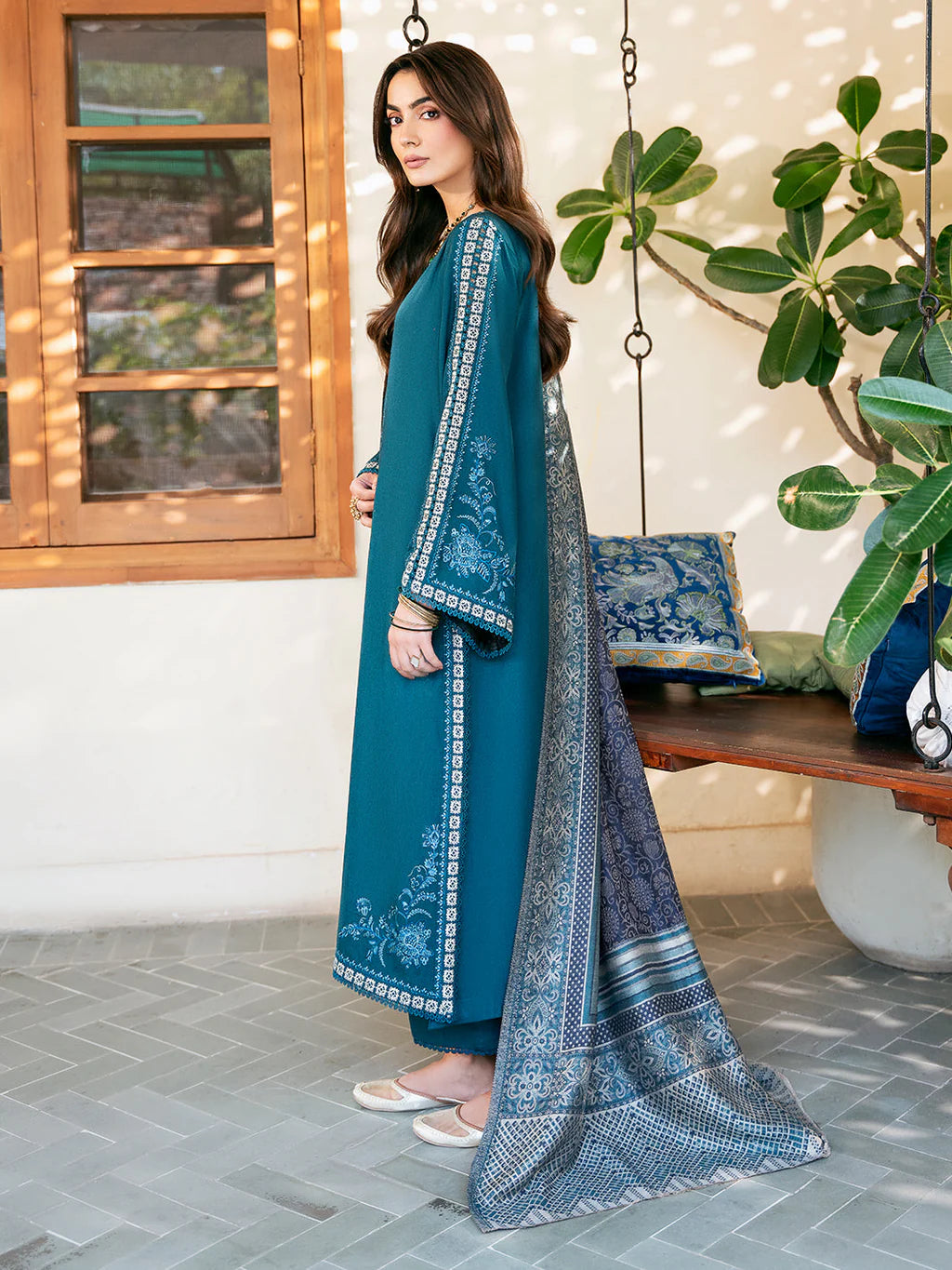 IZEL-3PC DHANAK EMBROIDERED SHIRT WITH COURTRAI PRINTED SHAWL & TROUSER-UR-4560